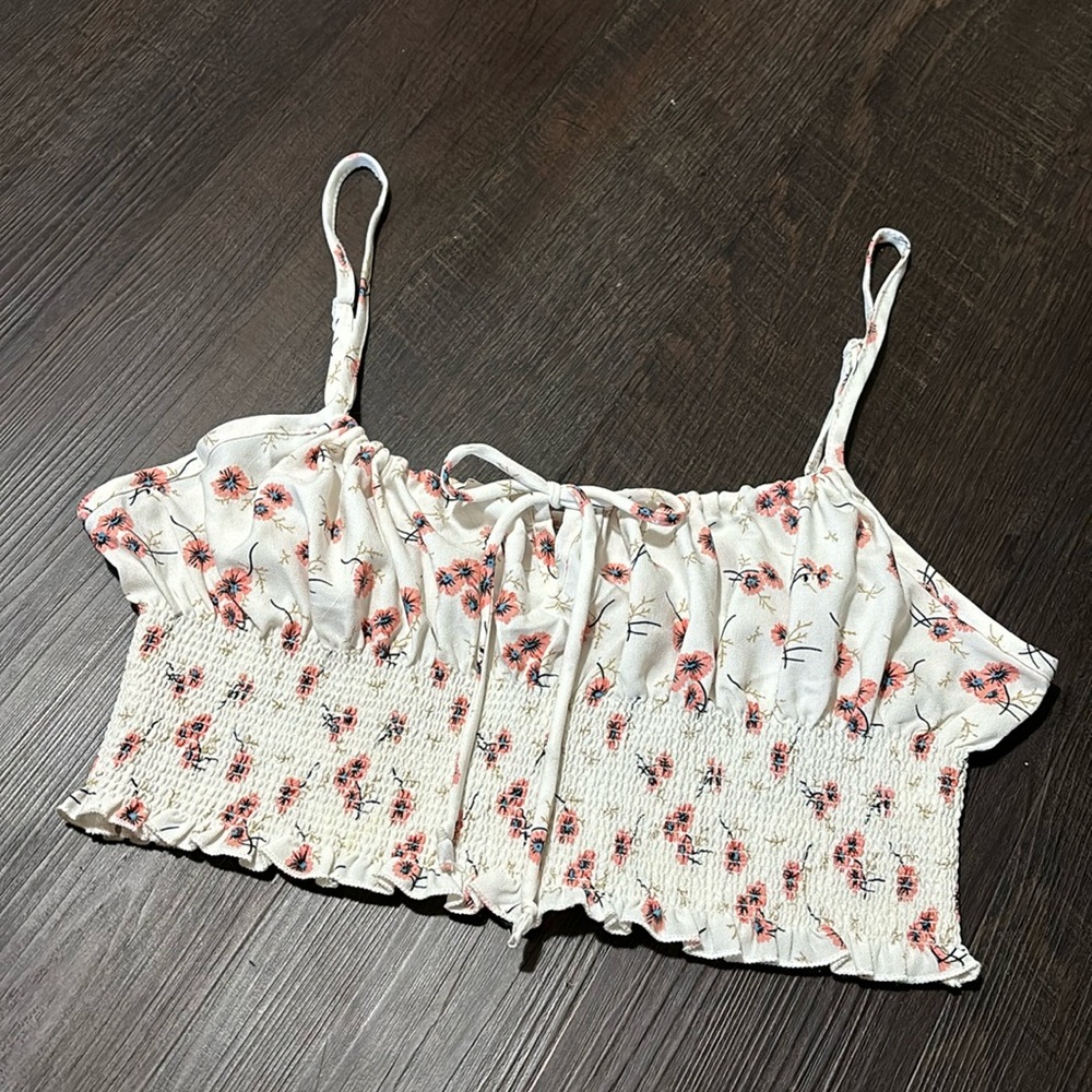 SHEIN women’s tie front smocked tank top, size medium, white with florals